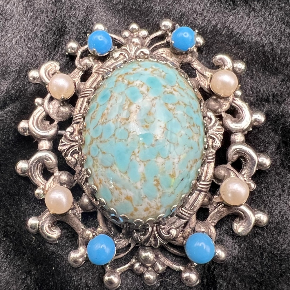 Vintage Brooch or Pendant ornate turquoise and pearl